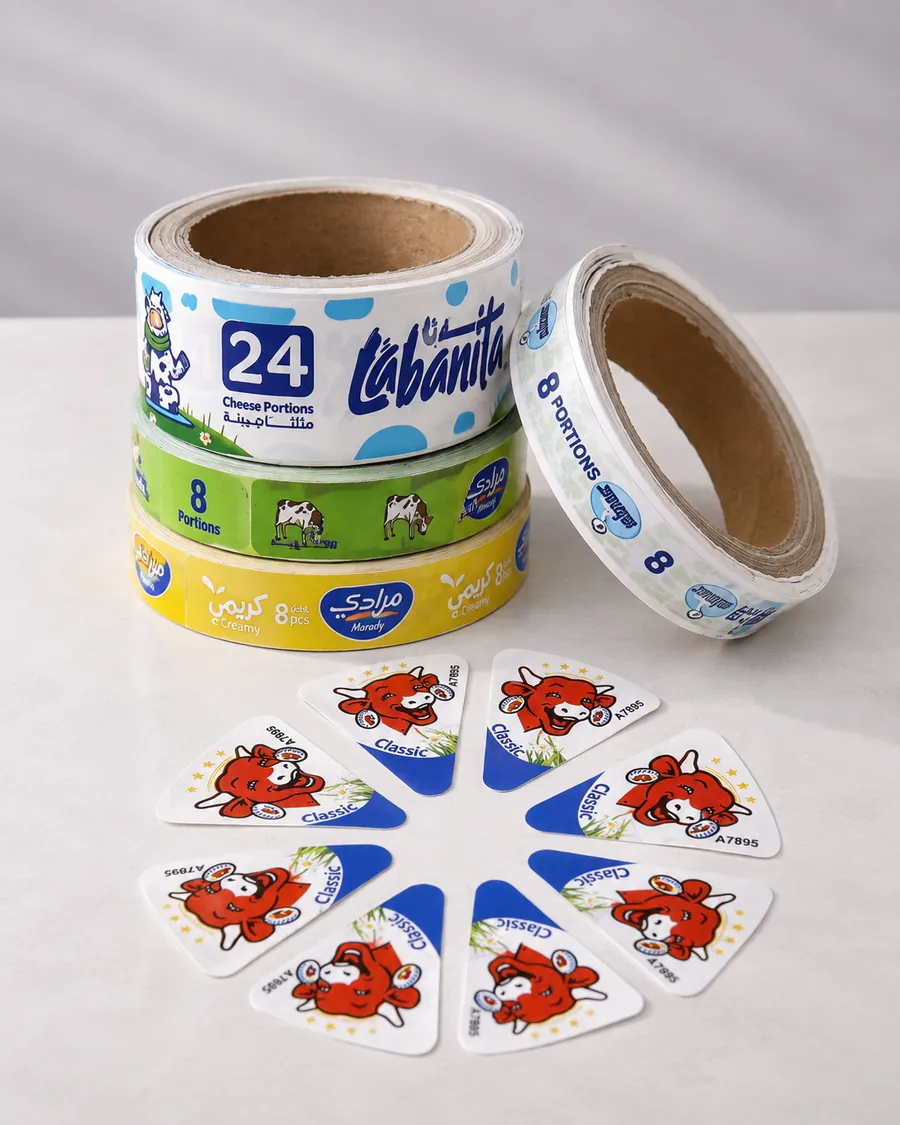 Printed labels and rolls for cheese products